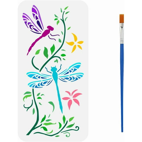 Dragonflies Stencil with a Paint Brush 11.8x5.9Inch Reusable Branches Leaves Stencil PET Vines Decoration Template Flower Animal Themes Creative Template