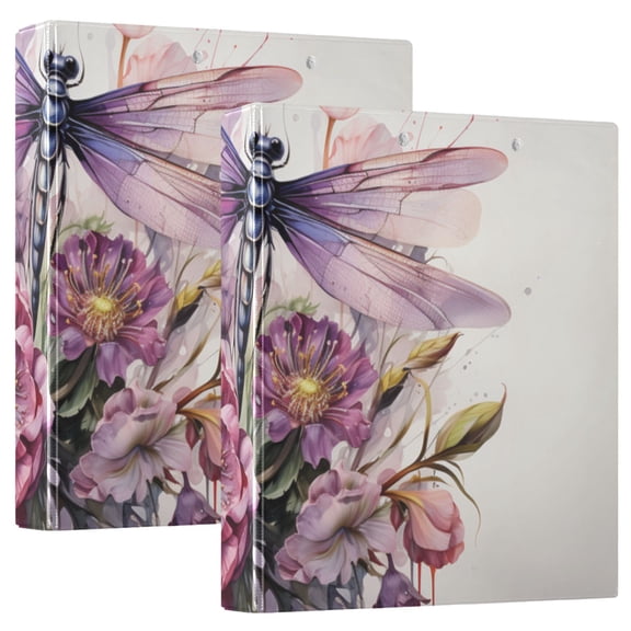 Dragonflies and Flowers 3 Ring Binders 1.5 inch Hardcover File Folders with Interior Pockets A4 Size Organizer for School Office Hospital Set of 2