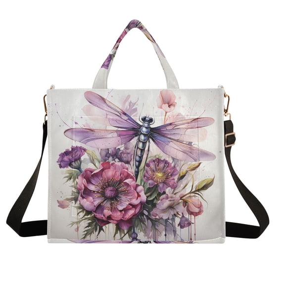 Dragonflies and Flowers Corduroy Tote Bag Handbag Large Messenger Bag Shoulder Crossbody Zipper Bag Purse