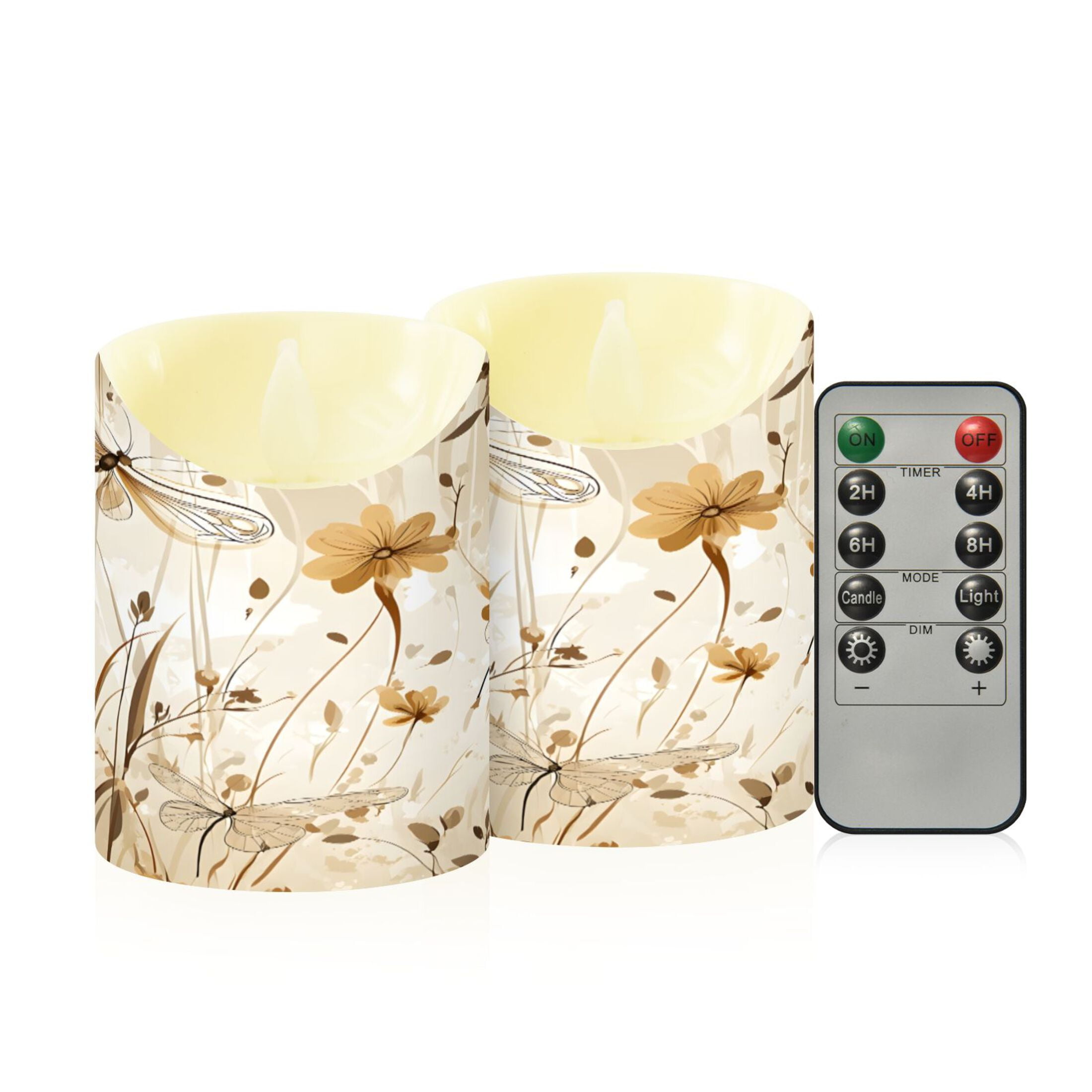 Dragonflies and Flowers Flameless Candles 2 PCS with Remote Realistic Moving Flame LED Tapered Pillar Set for Home Decor