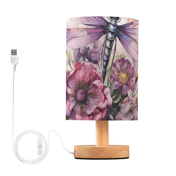 Dragonflies and Flowers Table Lamp USB Bedside Desk Nightstand Lamp Printed Gifts Small Lamp Wood Base for Bedroom Living Room Kids Room College Dorm