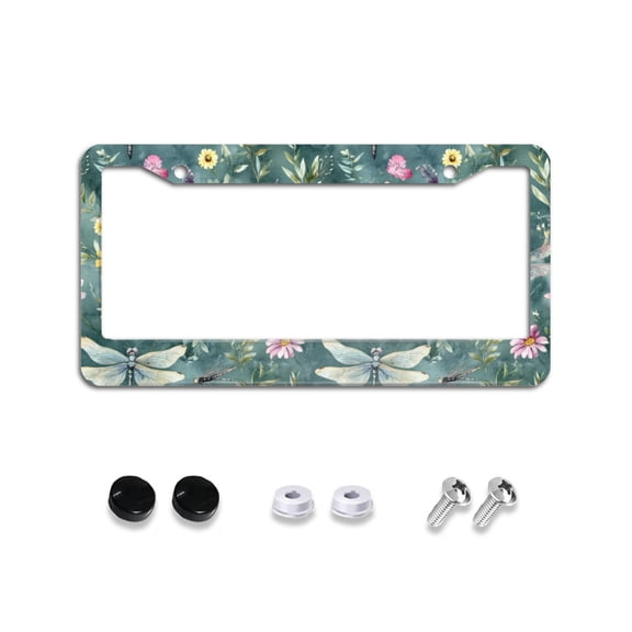 Dragonflies and Flowers on Green License Plate Frames for Women Men Car Plate Holder Cover Metal Tag Aluminum Car Accessories Front Rear Plate Decor
