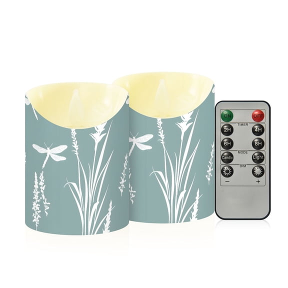 Dragonflies and Grass Flameless Candles 2 PCS with Remote Realistic Moving Flame LED Tapered Pillar Set for Home Decor