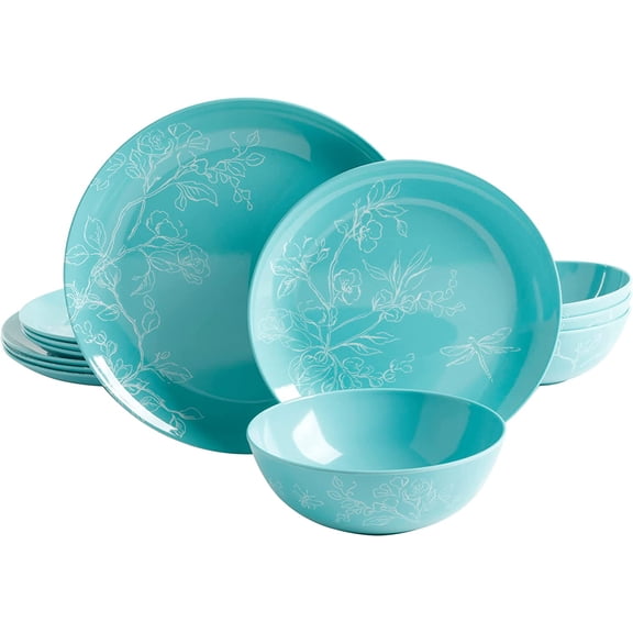 Dragonfly 12 Piece Decorated Melamine Dinnerware Set - Teal