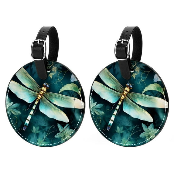 Dragonfly 2pcs PU Leather Round Bag Tags with Privacy Cover and Name ID Tag - Suitcase Tags for Travel Luggage, Handbags, Backpacks, School Bags