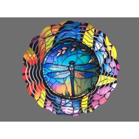 Dragonfly 3D Wind Spinner Aluminum Stained Glass Design Kinetic Art