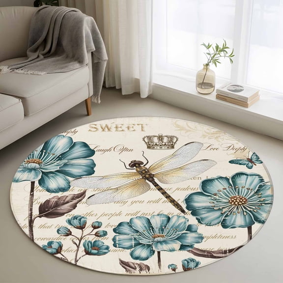 Dragonfly 3FT Round Area Rugs Art Teal Floral Blooming Wildflowers Retro Paper Texture Soft Small Round Rug Non-Slip, Ultra-Thin Indoor Circle Carpet for Bedroom Entryway Kitchen Bathroom