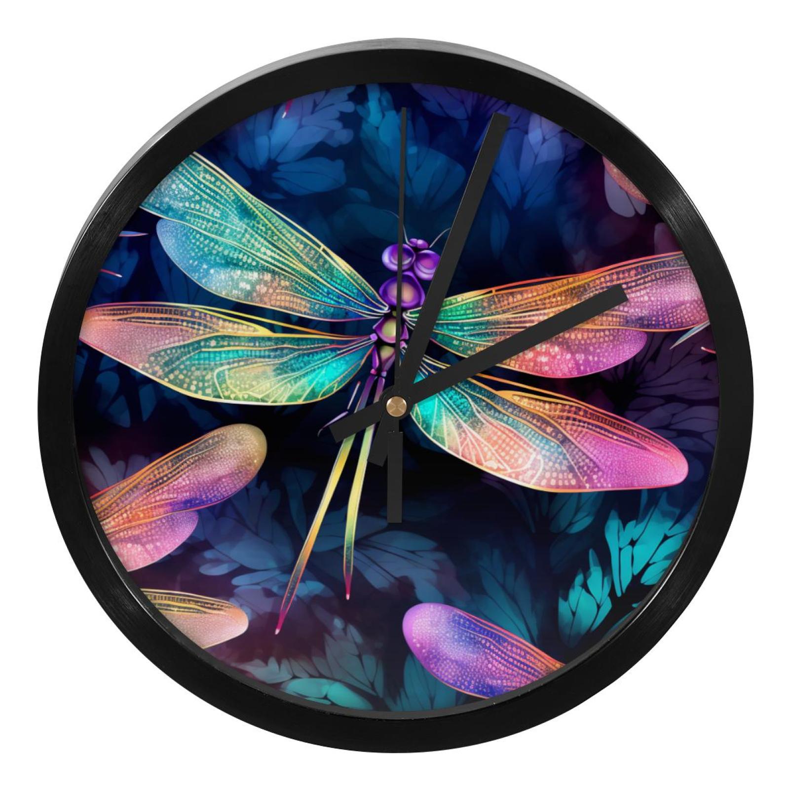 Dragonfly Clock Roses Dragonfly 9.8-Inch Round Wall Clock, Silent Non-Ticking Digital Clock ...
