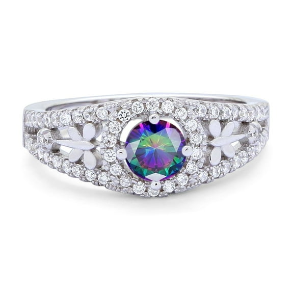 Dragonfly Accent Round Ring Rainbow CZ 925 Sterling Silver Size 9