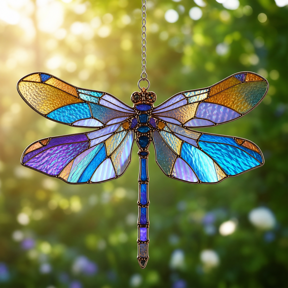 Dragonfly Acrylic Suncatcher Window Hanging, Crown Head Stained Glass Style Gift