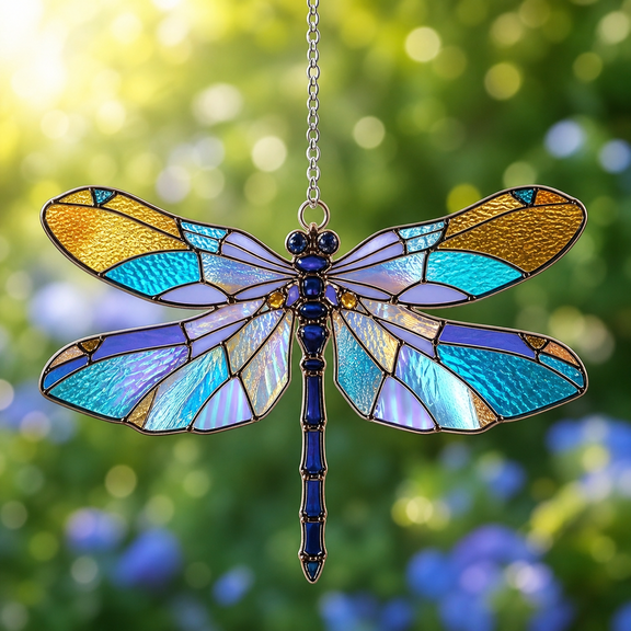 Dragonfly Acrylic Suncatcher Window Hanging Gift for Mom, Turquoise Stained Glass Style