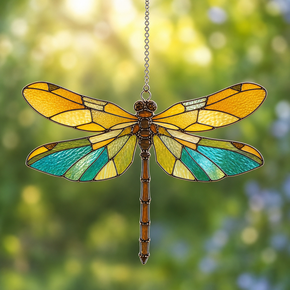 Dragonfly Acrylic Suncatcher Window Hanging, Sunflower Stained Glass Style Gift