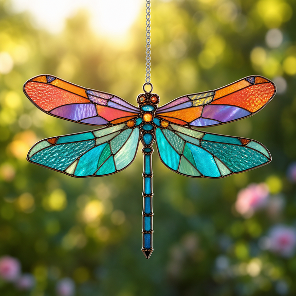 Dragonfly Acrylic Suncatcher Window Hanging, Teal Sunset Stained Glass Style Gift