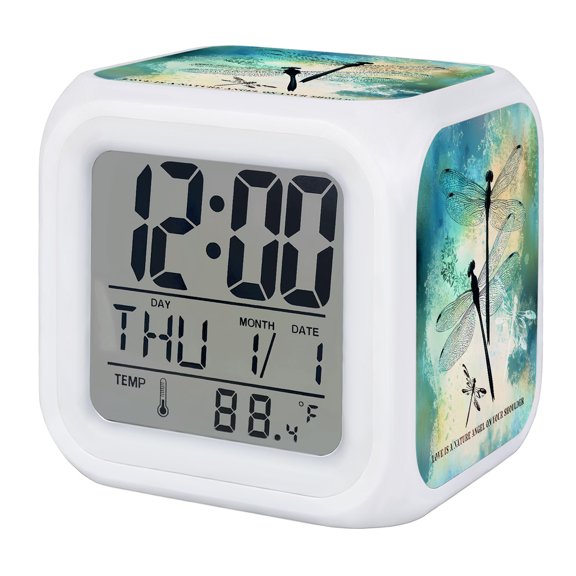 Dragonfly Alarm Clock, Teal Green Yellow Gradient Text Digital Clock Night Light with 7 Color, Calendar Temperature Display, LED Desk Small Clock for Bedrooms Bedside Living Room