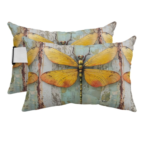 Dragonfly Animal Pattern Portrait Outdoor Pillow for Chaise Lounge Chair,Farmhouse Mottled Texture Waterproof Headrest Lumbar Pillows with Insert&Elastic Strap for Patio Pool Garden Chairs,2 Pack