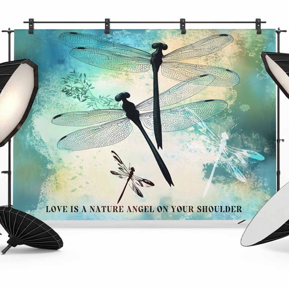 Dragonfly Animal Photography Backdrop 8x6FT, Teal Green Yellow Gradient Text Photo Backdrops, Background for Photography Studio Photo Studio Background, Back Drop for Photoshoot
