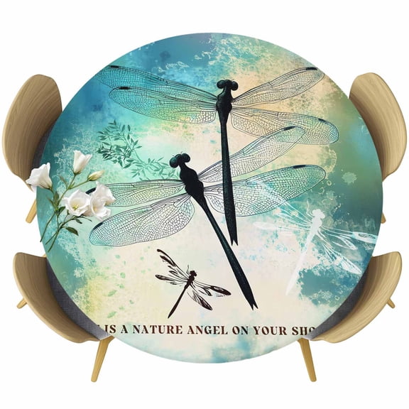 Dragonfly Animal Round Fitted Tablecloth with Elastic Edge, Teal Green Yellow Gradient Text Stretch Table Covers for 36"-44" Tables Wipeable Table Cloth for Outdoor