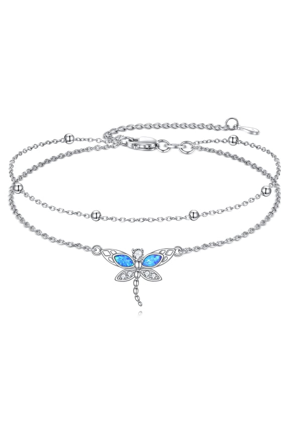 Dragonfly Anklet Sterling Silver Dragonfly Gifts Jewelry for Women with Crystal Birthday Anniversary (Opal)