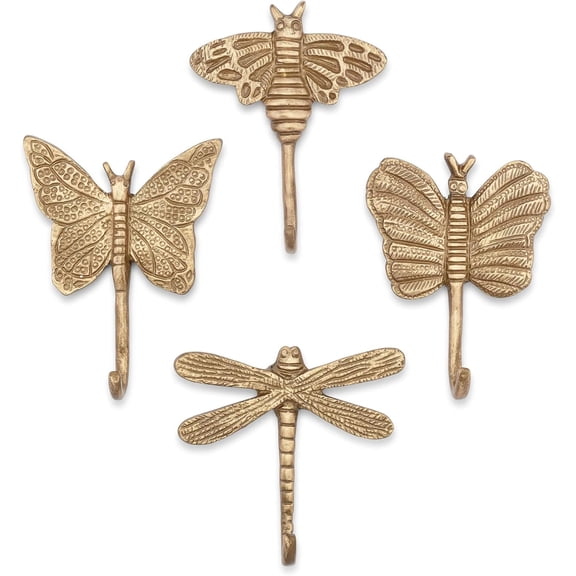 Dragonfly Antique Gold Dragonfly Wall Hooks, Set of 4, Decorative Brass Butterfly Wall Hook