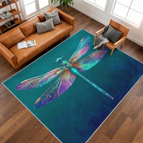 Dragonfly Area Rugs, Dreamy Stained Glass Insect Carpet, Washable Non Slip Low Pile Soft Rug for Living Room Bedroom Decor Mat 2x3ft