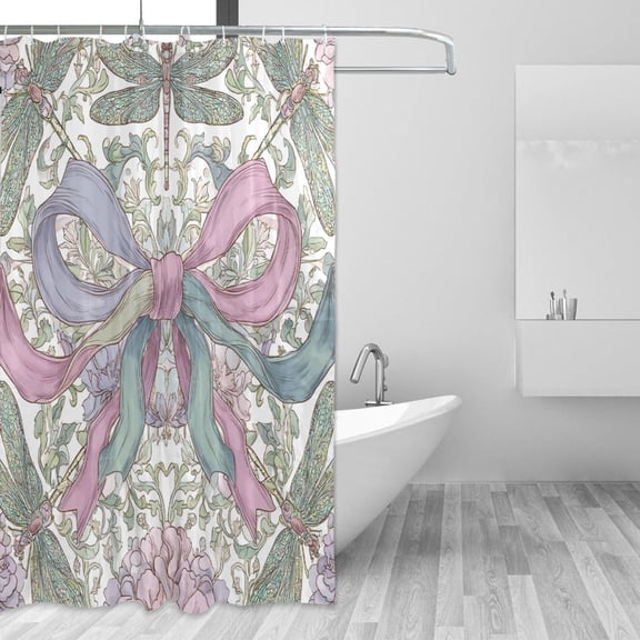 Dragonfly Around Big Bows Flowers Shower Curtains with 12 Hooks Waterproof Bathroom Decor 66" x 72"