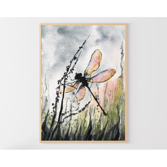 Dragonfly Art Poster Insect Poster Meadow Artwork Wildflowers Wall Art, Unframed Poster Size 8x12