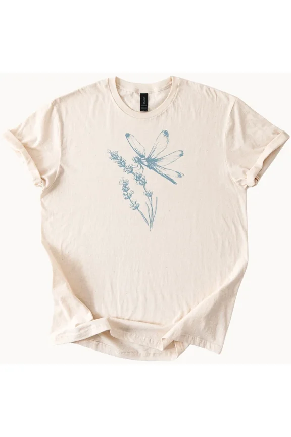 Dragonfly Art Shirt Lavender Flower Plant Graphic Cool Nature Tee Size S-5Xl Heygategoo Tee