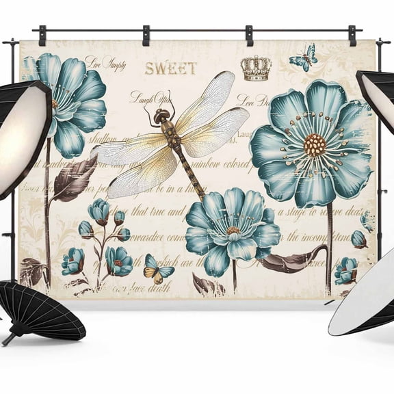 Dragonfly Backdrop for Photography, Art Teal Floral Blooming Wildflowers Retro Paper Texture Photo Backdrop Portrait Background Party Banner Photo Backgrounds for Studio Booth Props, 8x6ft
