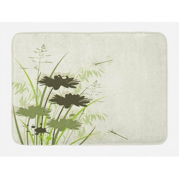 Dragonfly Bath Mat, Lake Flowers Leaves on Abstract Backdrop Image Bird Like Bugs, Non-Slip Plush Mat Bathroom Kitchen Laundry Room Decor, 29.5 X 17.5 Inches, Dark Green and Pale Green, Ambesonne