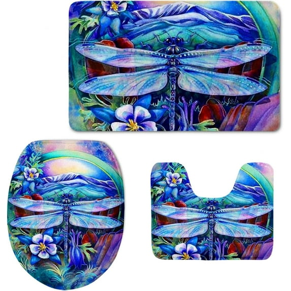 Dragonfly Bathroom Rug Mat Sets Non-Slip Absorbent Coutour Rug Set of 3 Pieces Toiletry Lid Cover Machine Washable Floor Mats
