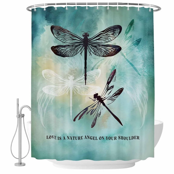 Dragonfly Bathroom Shower Curtains with Hooks, Abstract Animal Teal Green Yellow Gradient Text Waterproof Fabric Washable Shower Curtain for Home Hotel Bathtub Decor 60x72 Inch