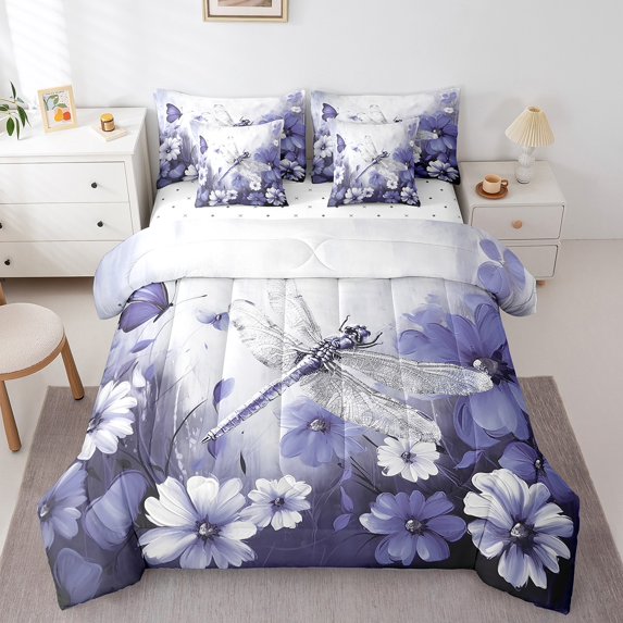 Dragonfly Bed in a Bag Twin 7 Piece Comforter Set Daisy Flowers Bedding Sets,Light Purple Ombre Oil Painting Sheet Set with Comforter Graffiti Art Rustic Animals Butterfly Bohemian Decor