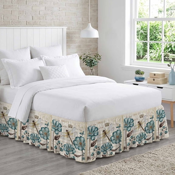 Dragonfly Bed Skirt King Size 16 Inch Drop, Art Teal Floral Blooming Wildflowers Retro Paper Texture Adjustable Elastic Dust Ruffles Bedskirt for King Bed Wrap Around Pleated Mattress Frame Cover