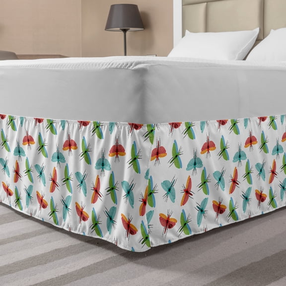 Dragonfly Bed Skirt, Pattern with Colorful Dragonflies Flying Insect Beetles and Wings Summertime, Elastic Bedskirt Dust Ruffle Wrap Around for Bedding Decor, 4 Sizes, Multicolor, by Ambesonne