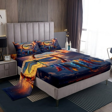 Dragonfly Bed Sheets Set Dream Catchers Sheets,Galaxy Clouds Sunset Sheet Set Twin,Safari Animals Bedding Set Exotic Bohemian Decor