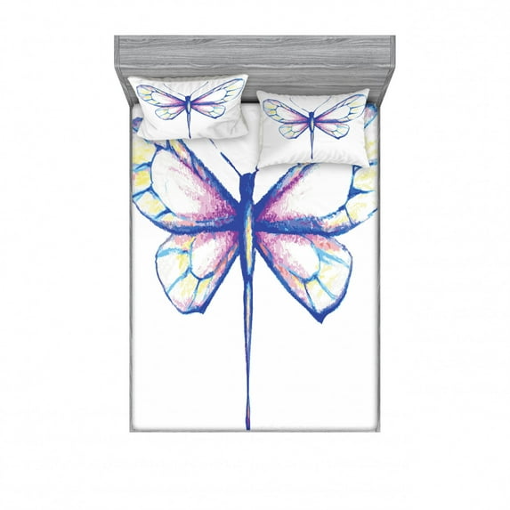 Dragonfly Bedding Set with Sheet & Covers, Single Dragonfly Featured in Soft Color Fast Long-Bodied Predatory Insect Theme, Printed Bedroom Decor 2 Shams, 4 Sizes, Violet Blue, by Ambesonne