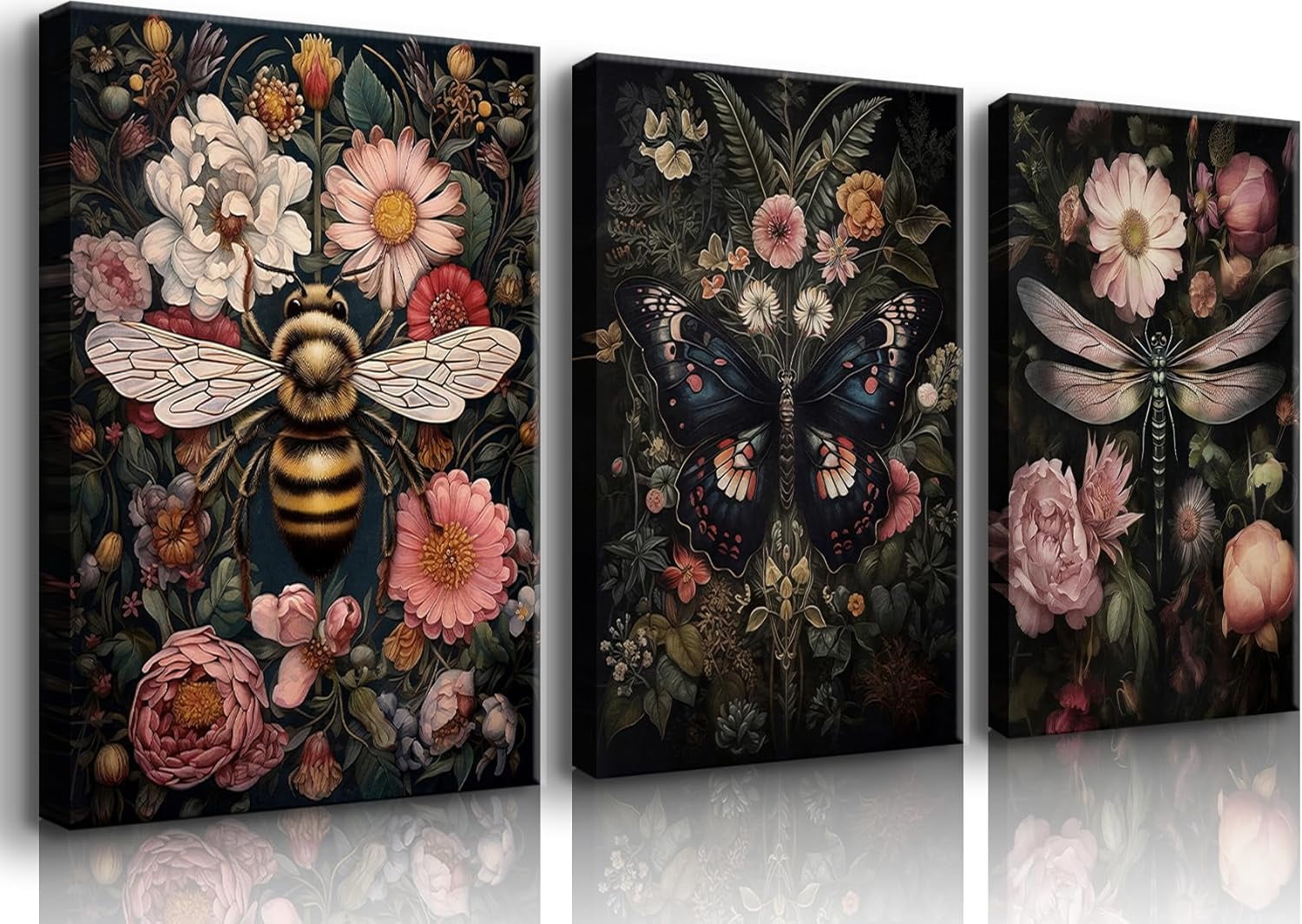 Dragonfly and Bee Floral Wall Art Gothic Dark Insect and Plant Wall ...