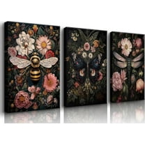 Dragonfly and Bee Floral Wall Art Gothic Dark Insect and Plant Wall Decor Vintage Dark Preppy Posters Canvas Prints Painting Picture for Bathroom Bedroom Unframed