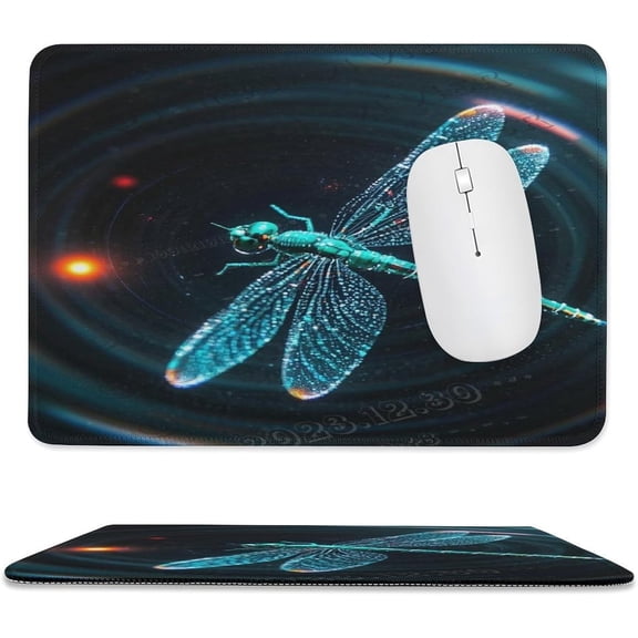 Dragonfly with Black Background Mouse Pad 8x10 in with Stitched Edge, Non-Slip Rubber Base Desk Mouse Pad, Detailed Dragonfly Artwork on Black Background for Computer Desk