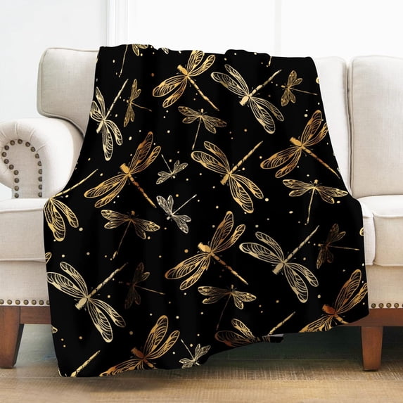 Dragonfly Blanket Gifts for Boys Girls Women Decor for Home Bedroom Living Room Lounge Sofa, Soft Fluffy Smooth Lightweight Throw Blankets Gold Black Twin 60"x80"