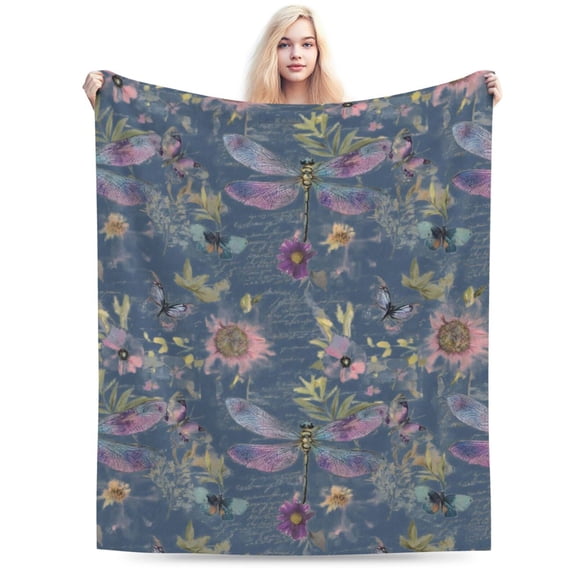 Dragonfly Blanket - Retro Butterfly Floral Pastel Fleece Throw 60x50