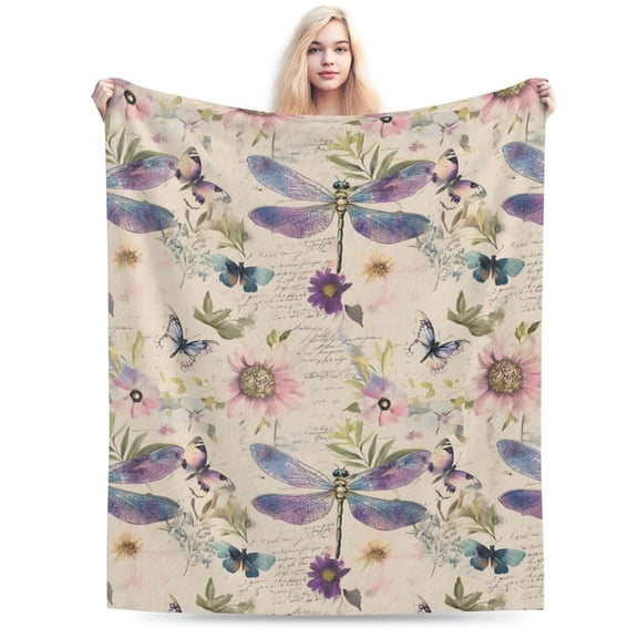 Dragonfly Blanket - Retro Butterfly Floral Pastel Fleece Throw,Gifts for Women 60x50