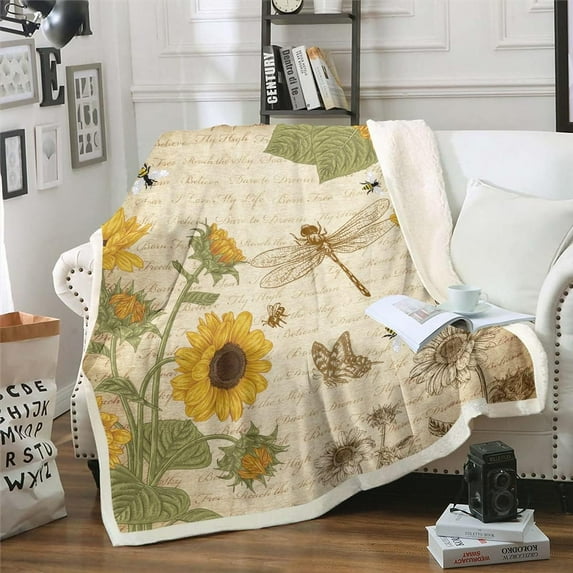 Dragonfly Blankets Botanical Floral Sunflower Throw Blanket for Boys Girls Vintage Style Sherpa Blanket Wild Animals Dragonfly Fleece Blanket Field Floral Fresh Natural Pastoral Spring Blanket 60"x80"