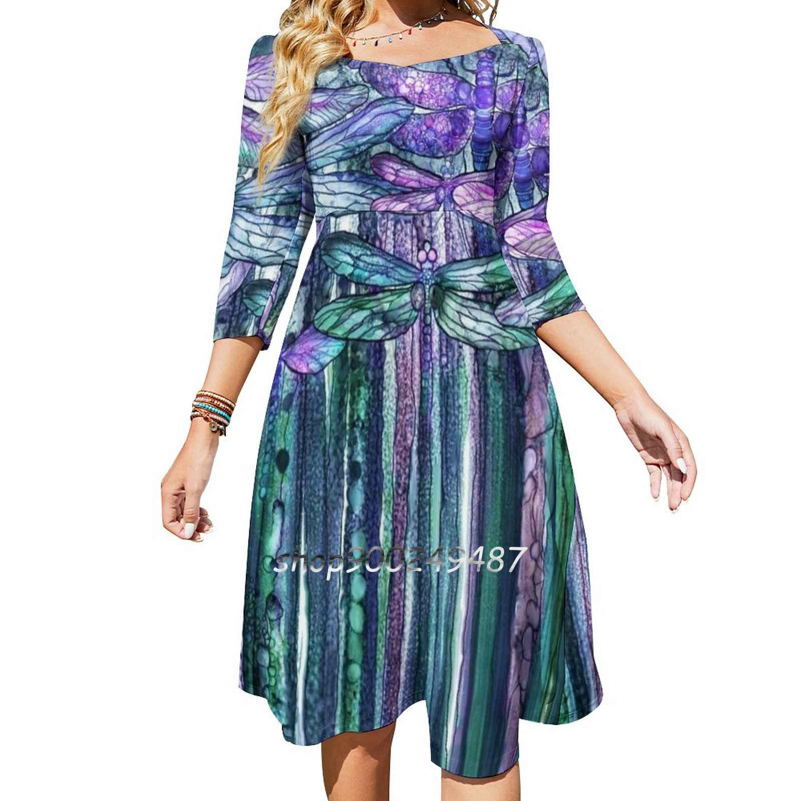 Dragonfly Bloomies 1-Lavender Teal Flare Dress Square Neck Dress ...