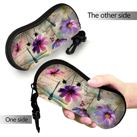 Dragonfly Blossom Dance Print Neoprene Eyeglass CaseUltraLightweight Softshell Design with Padded Protection Zippered Closure Compact Travel Accessory
