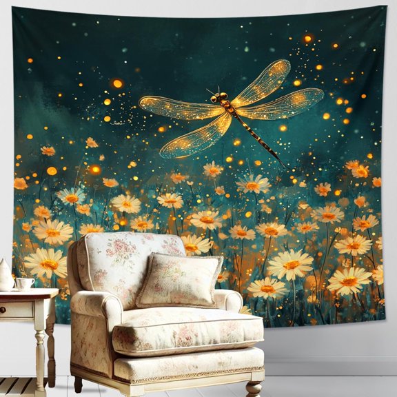 Dragonfly Blossom Tapestry, Golden Dragonfly Floral Wall Hanging, Vibrant Tapestries Aesthetic for Bedroom, Living Room, Dorm Decor, Nature-Inspired Indoor Art 80x60 Inch