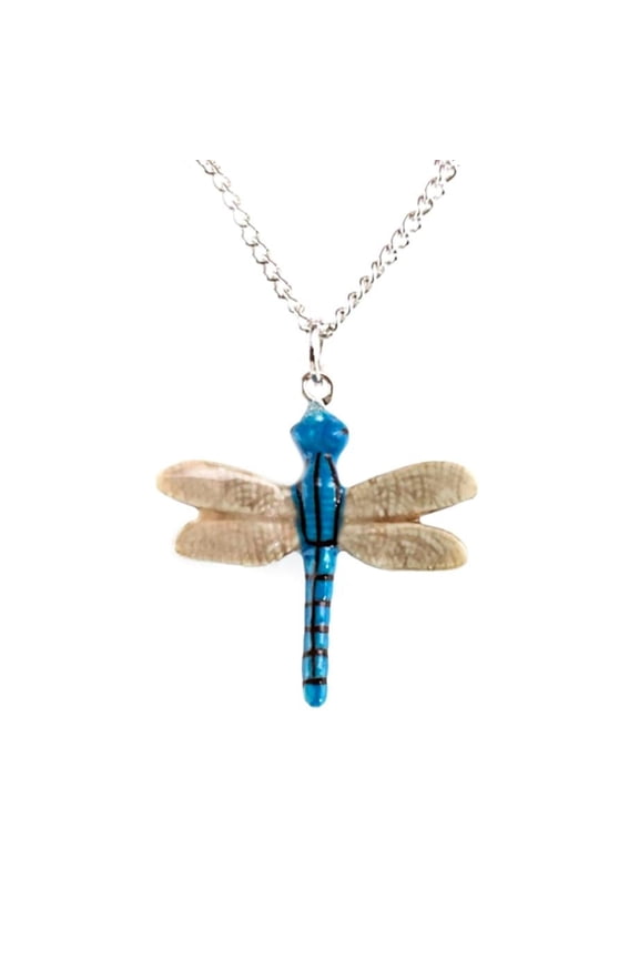 Blue Stripe Dragonfly Porcelain Pendant Necklace, Hand-Painted Insect Jewelry, Fashionable Wearable Accessory, Gift for Nature and Garden Lovers