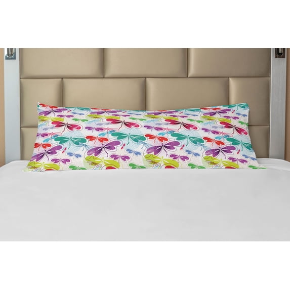 Dragonfly Body Pillow Case Cover with Zipper, Modern Dragonfly and Floral Pattern Hydrangea Petals Like Fireworks Colorful Art, Decorative Accent Long Pillowcase, Multicolor, by Ambesonne