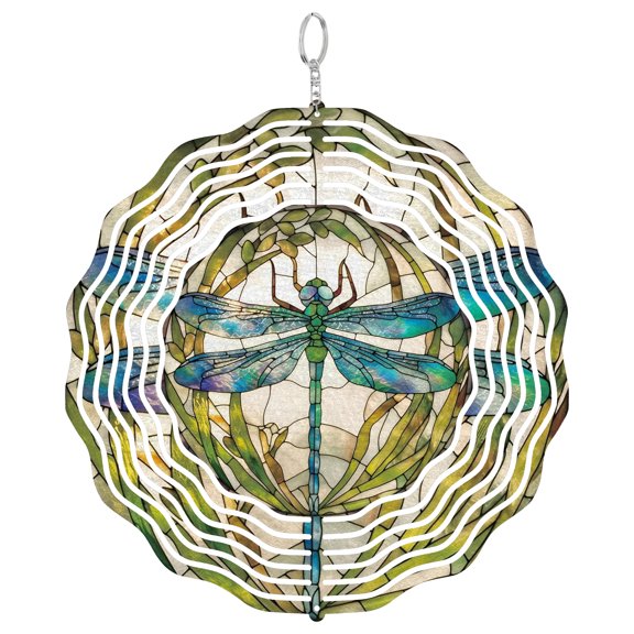 Dragonfly Botanical Metal Wind Spinner, Round Outdoor Yard Art