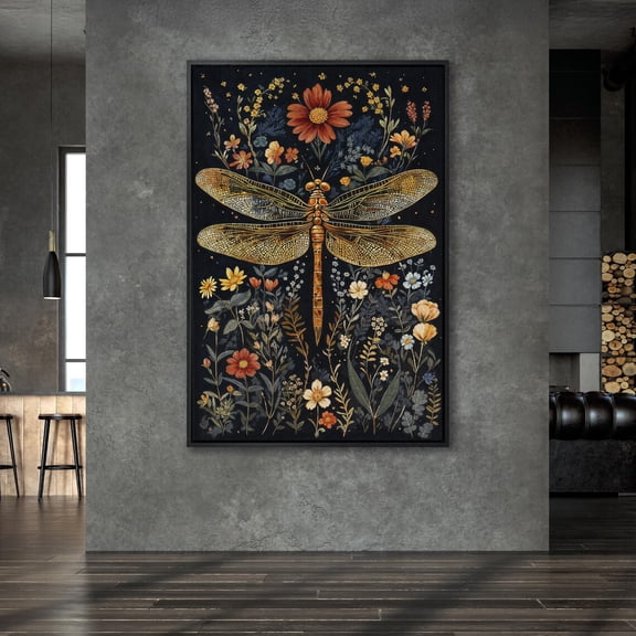 Dragonfly Botanical Poster, Vibrant Floral Art, Wall Art, Nature Artwork, Home Wall Decor, Ready To Hang Her, Stretched Canvas Size 12x18